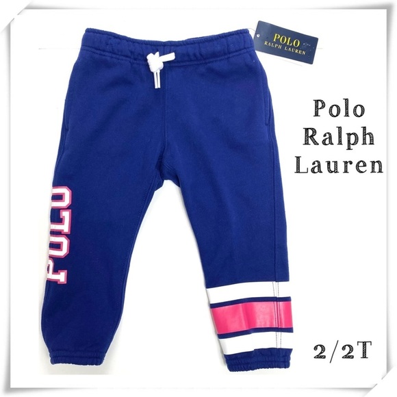 POLO Ralph Lauren Spell Out Logo Fleece Joggers Pants in Blue Size 2 Brand New - Picture 1 of 5